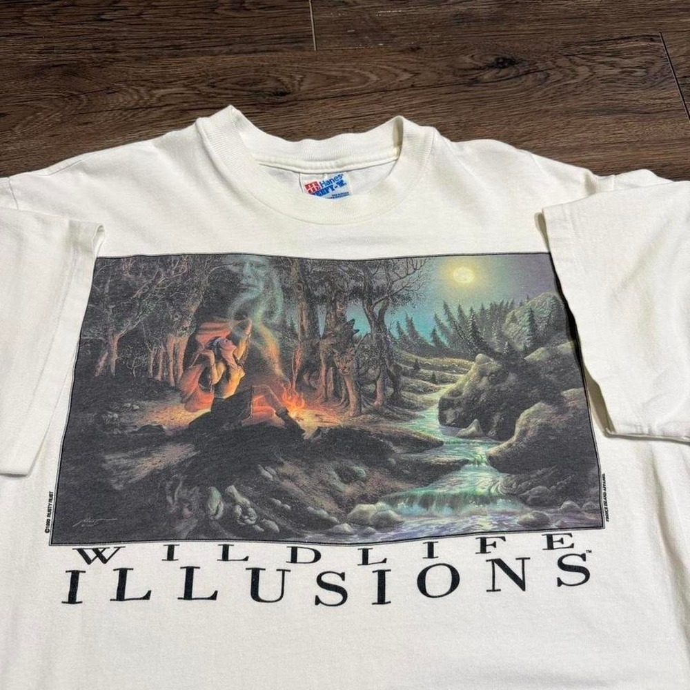 Vintage 90s Wildlife Illusions psychedelic nature white T-shirt Size Men's L